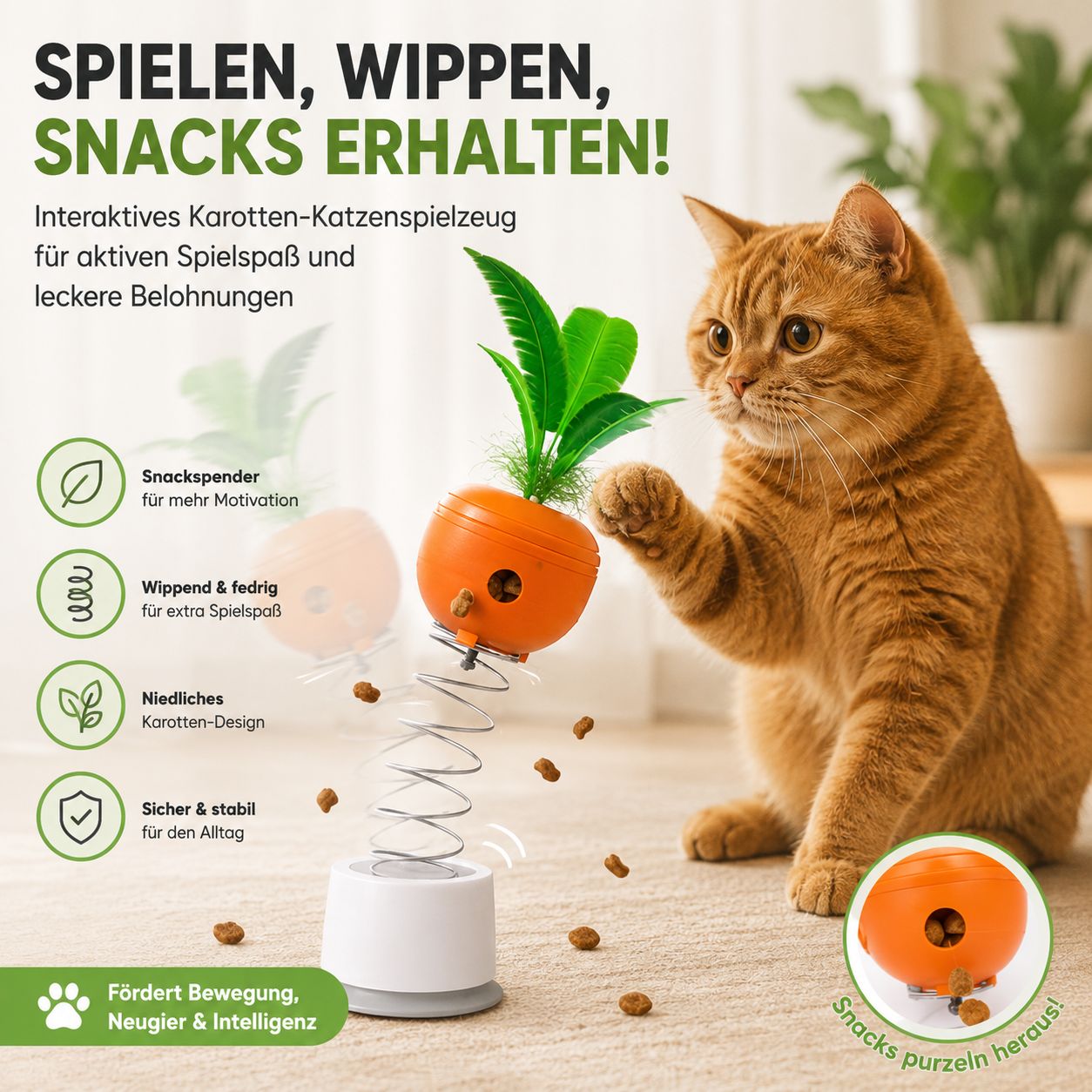 PawFlow Interaktives Karotten-Katzenspielzeug mit Snackspender – Spielen, Wippen & Belohnen