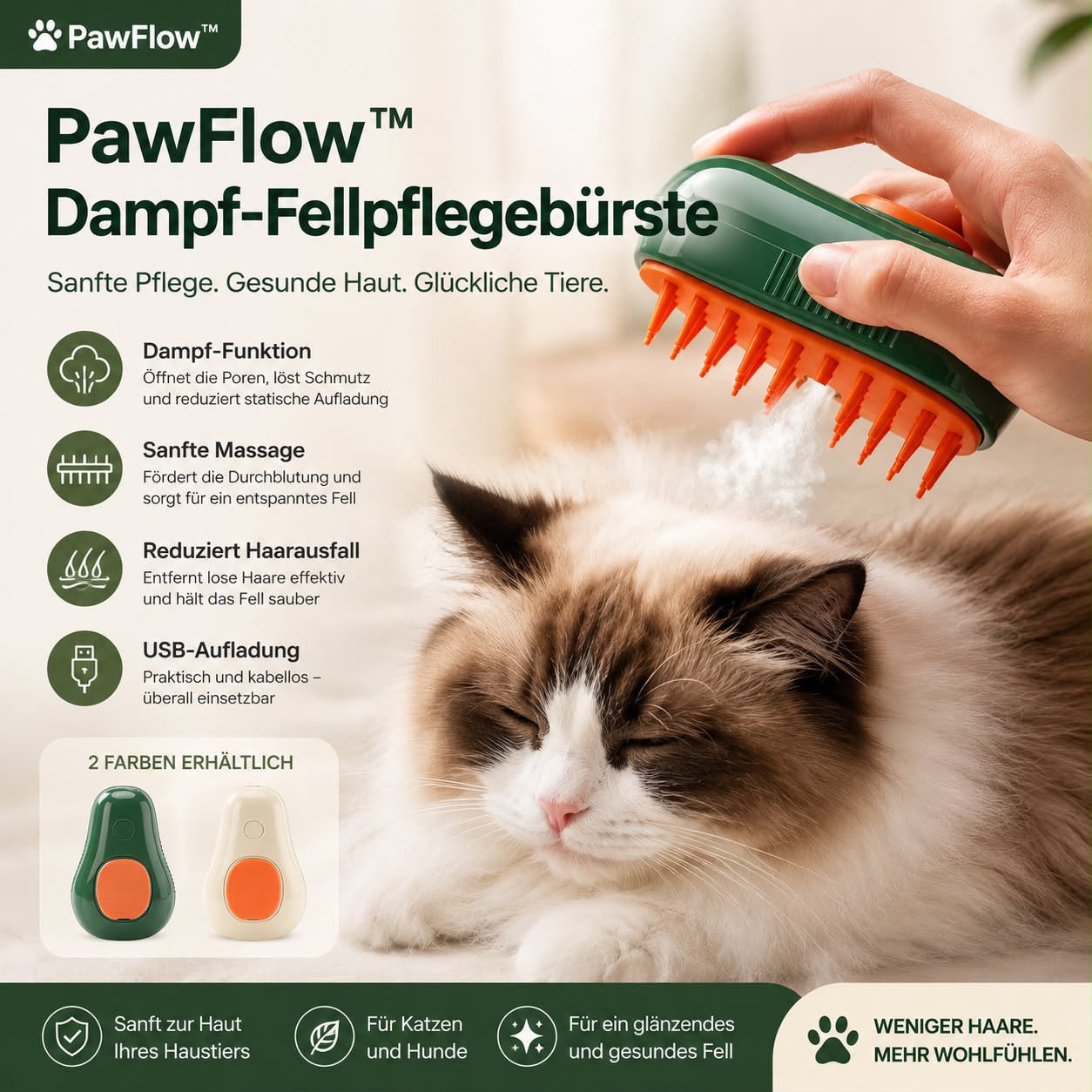 PawFlow Elektrische Dampf-Fellpflegebürste mit Massagefunktion