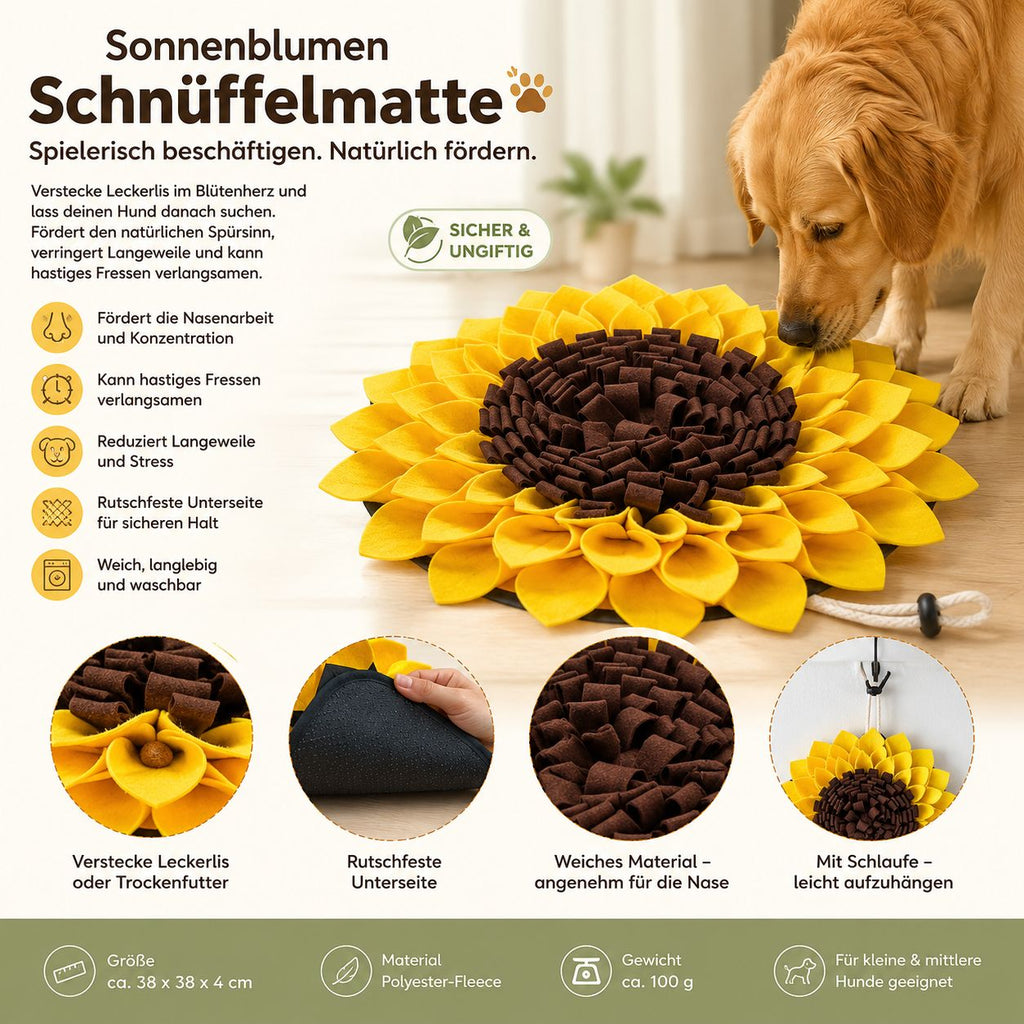 PawFlow™ Sonnenblumen-Schnüffelmatte für Hunde und Katzen – Nasenarbeit & Beschäftigung