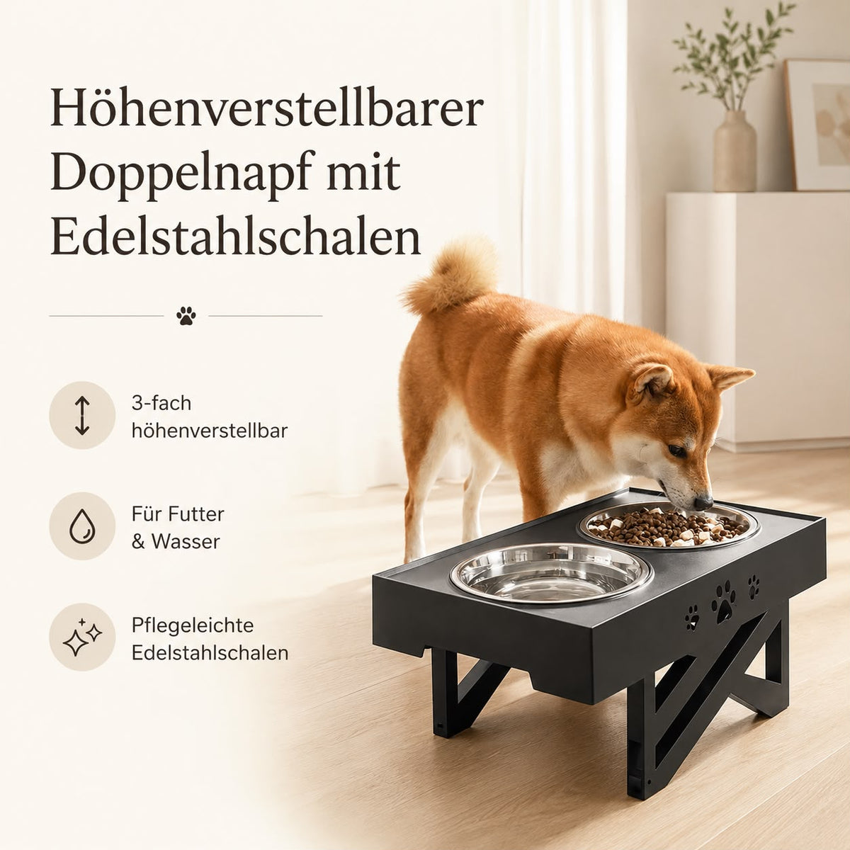 PawFlow Höhenverstellbarer Doppelnapf mit Edelstahlschalen