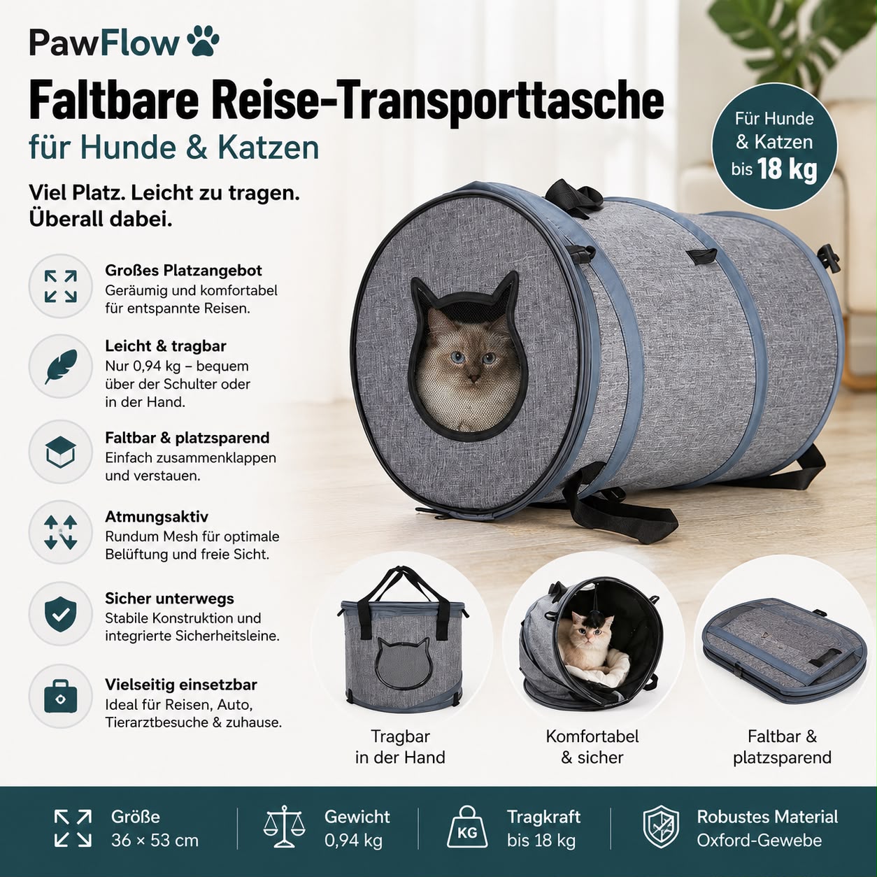 PawFlow Faltbare Reise-Transporttasche für Hunde & Katzen