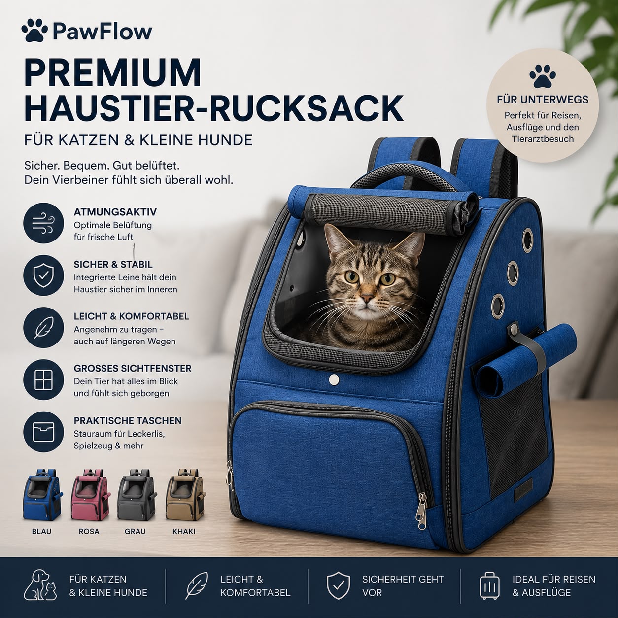 PawFlow Premium Haustier-Rucksack für Hunde & Katzen