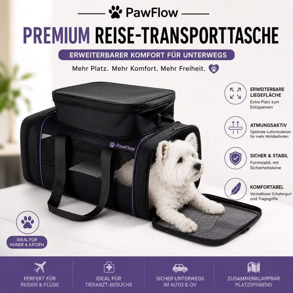 PawFlow Premium Reise-Transporttasche – Erweiterbare Haustiertasche für Hunde & Katzen
