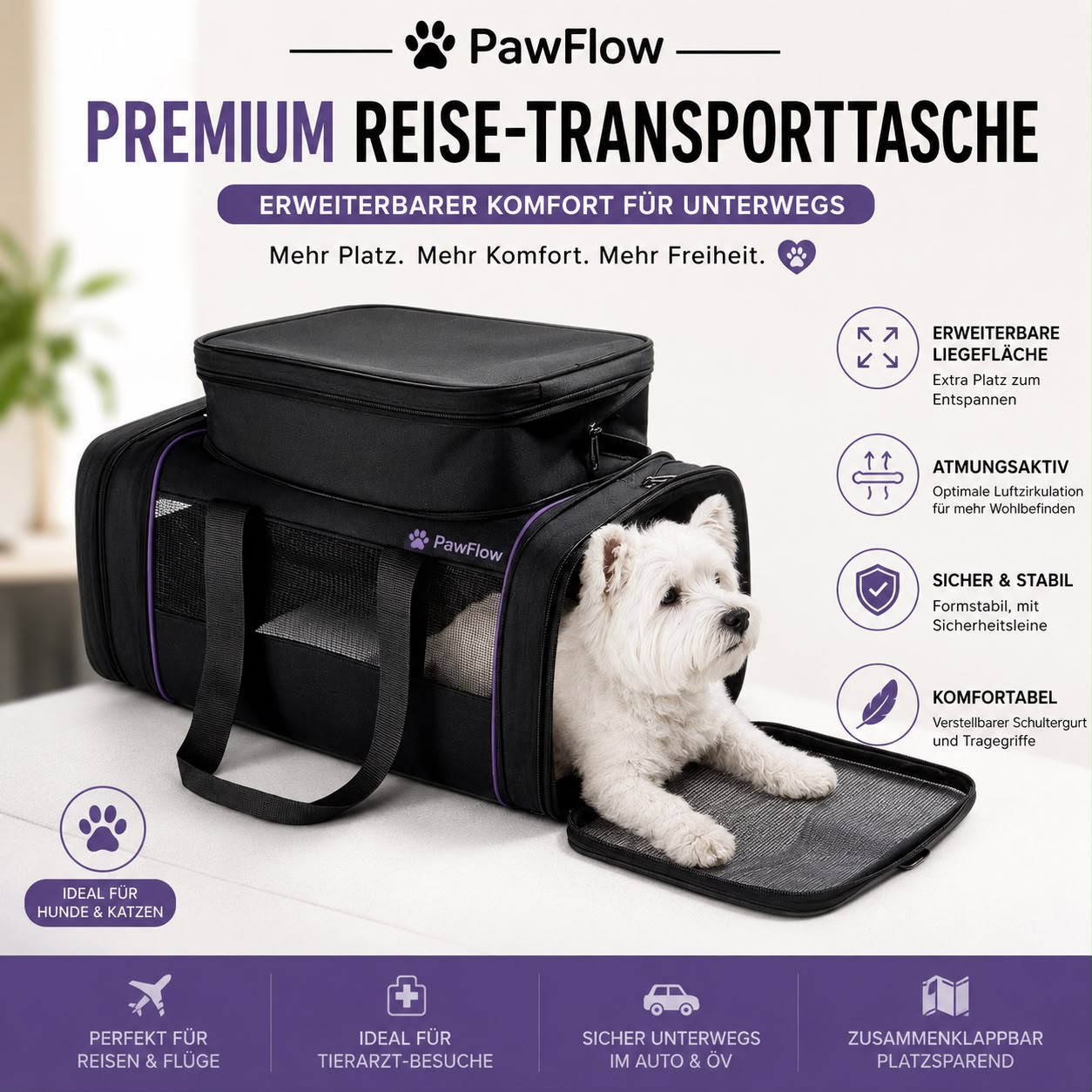 PawFlow Premium Reise-Transporttasche – Erweiterbare Haustiertasche für Hunde & Katzen