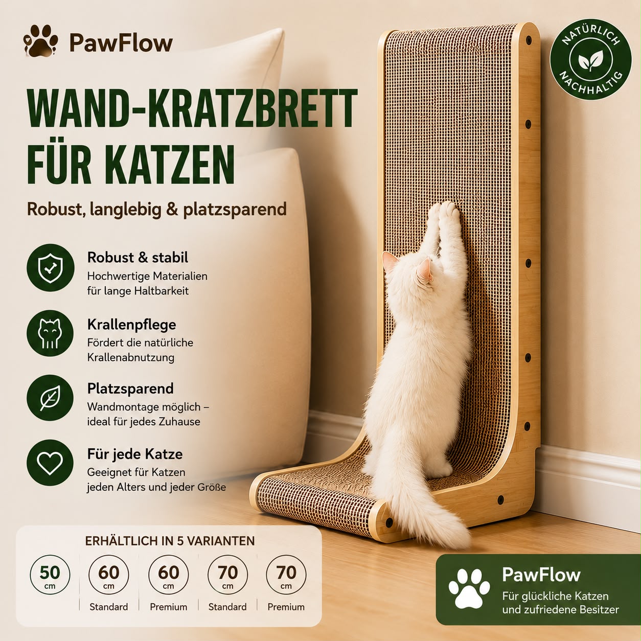 PawFlow Wand-Kratzbrett für Katzen – Robust, langlebig & platzsparend