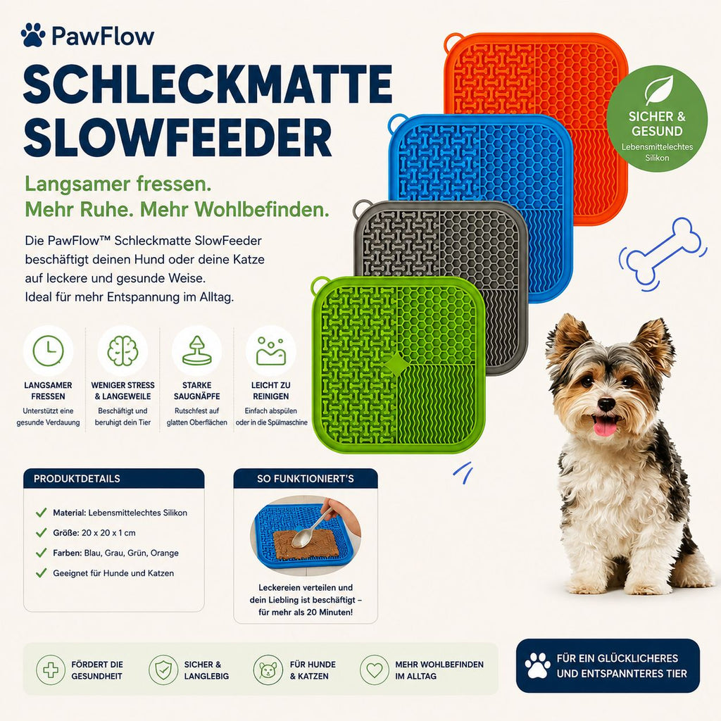 PawFlow™ Schleckmatte SlowFeeder – Beruhigende Futter- & Beschäftigungsmatte für Hunde & Katzen