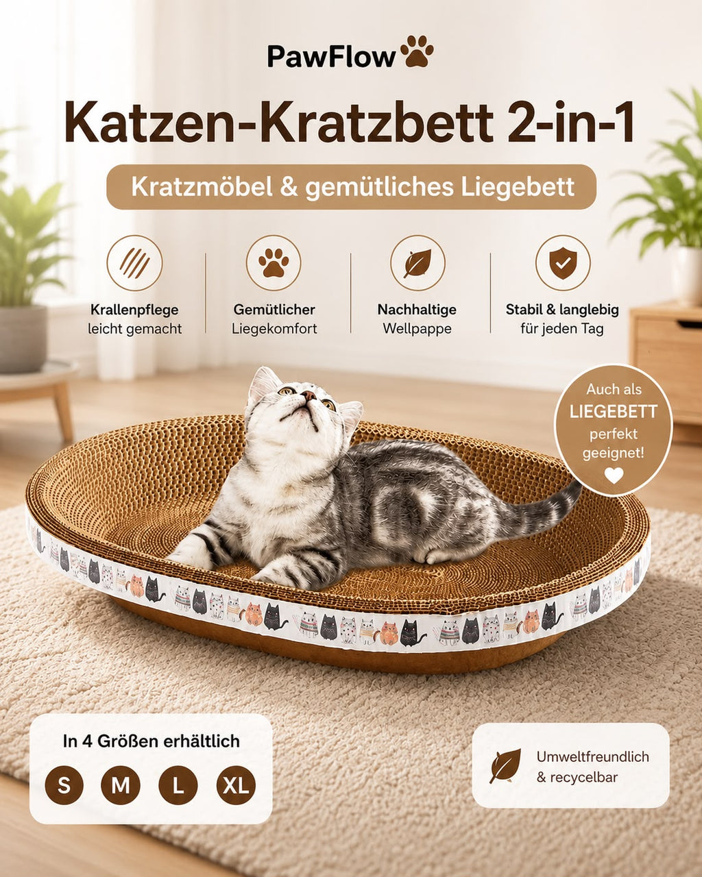 PawFlow Premium Katzen-Kratzbett 2-in-1 – Kratzliege aus Wellpappe