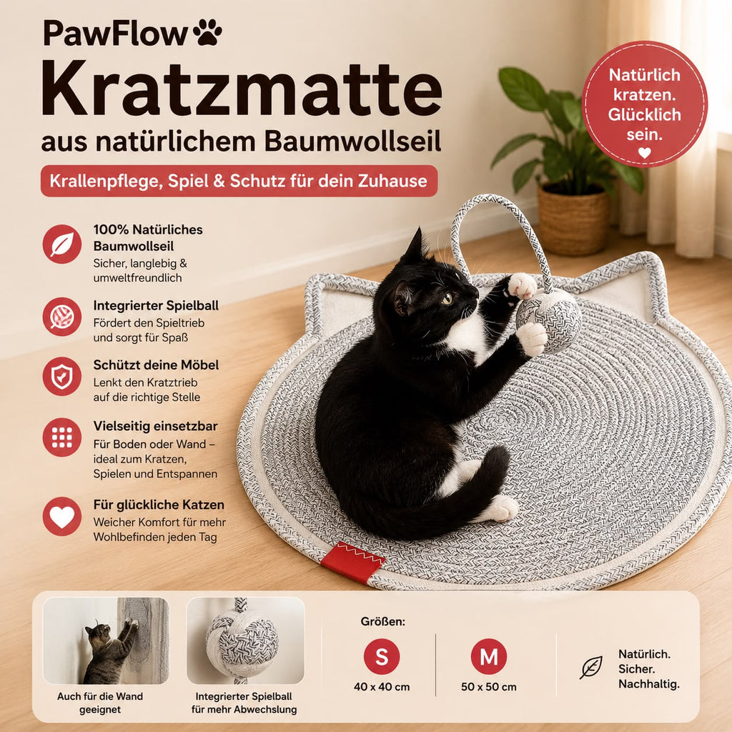 PawFlow Kratzmatte aus natürlichem Baumwollseil mit Spielball