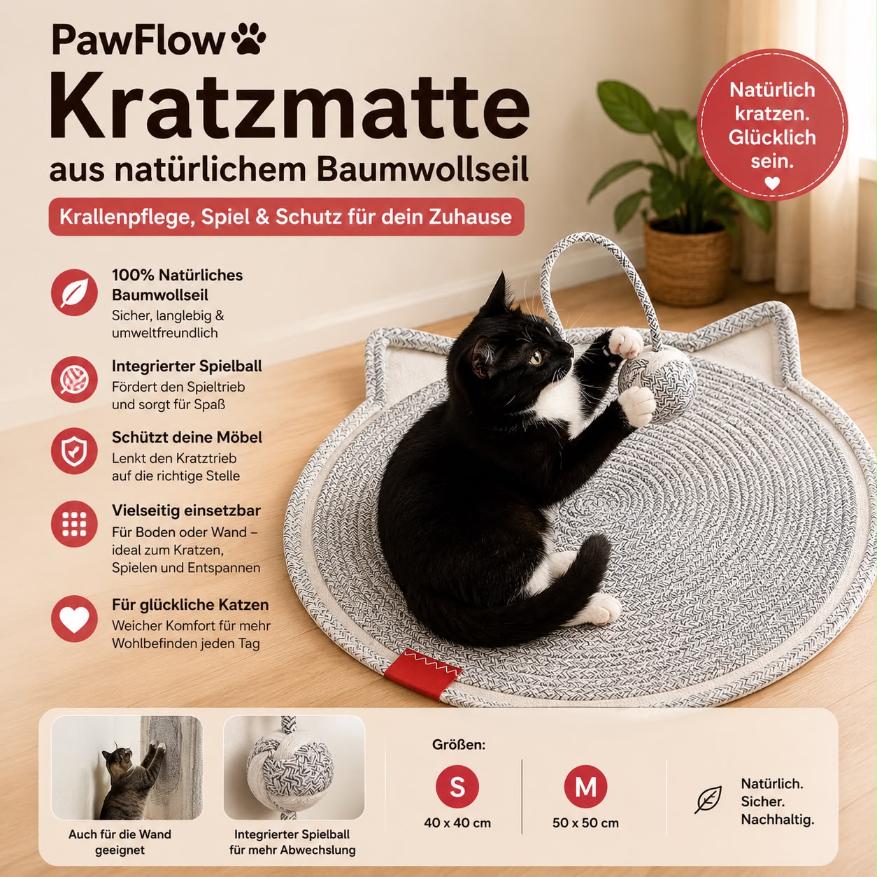 PawFlow Kratzmatte aus natürlichem Baumwollseil mit Spielball