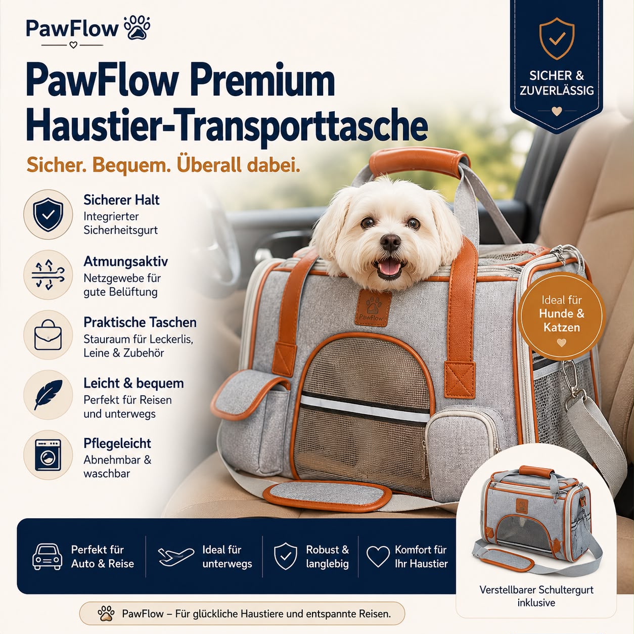 PawFlow Premium Haustier-Transporttasche mit Schultergurt