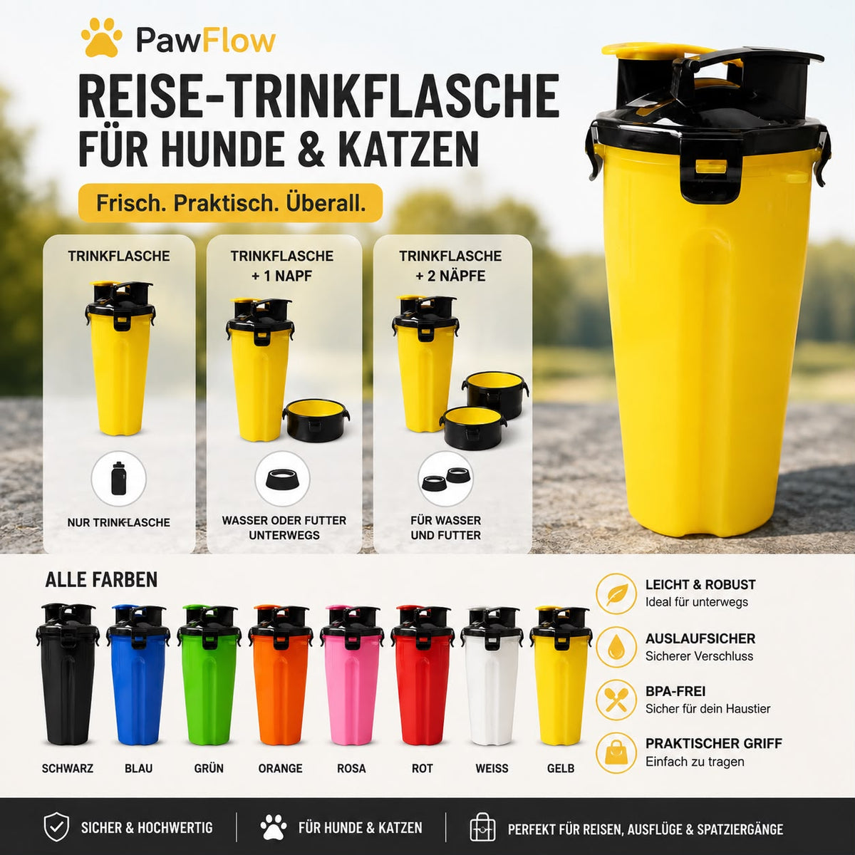 PawFlow Reise-Trinkflasche mit Napf