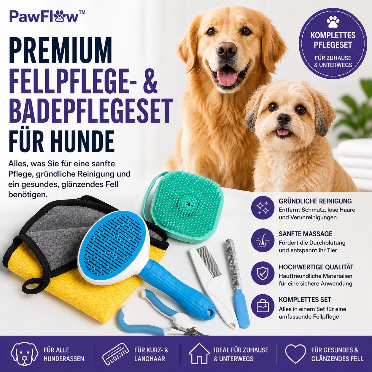 PawFlow Premium Fellpflege- & Badepflegeset für Hunde