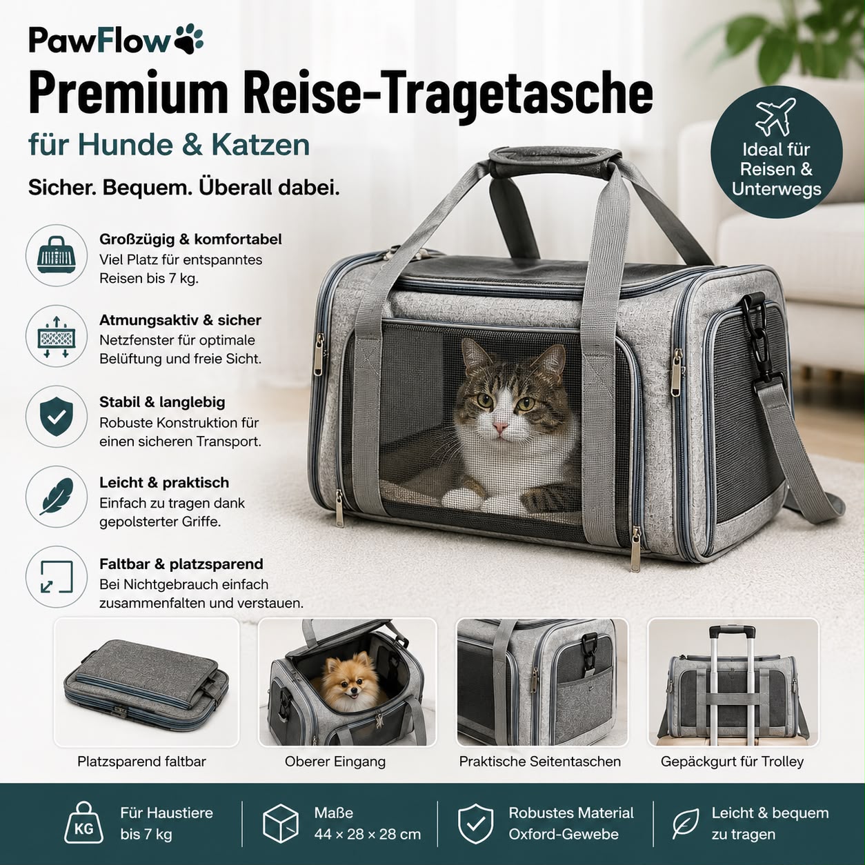 PawFlow Premium Reise-Tragetasche für Hunde & Katzen