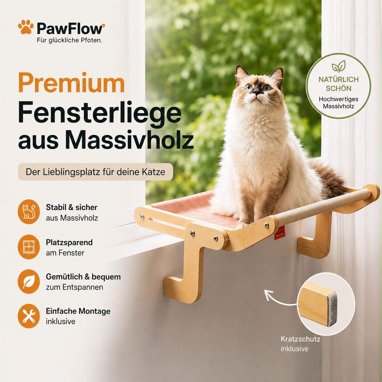 PawFlow Premium Fensterliege aus Mehrschichtholz für Katzen