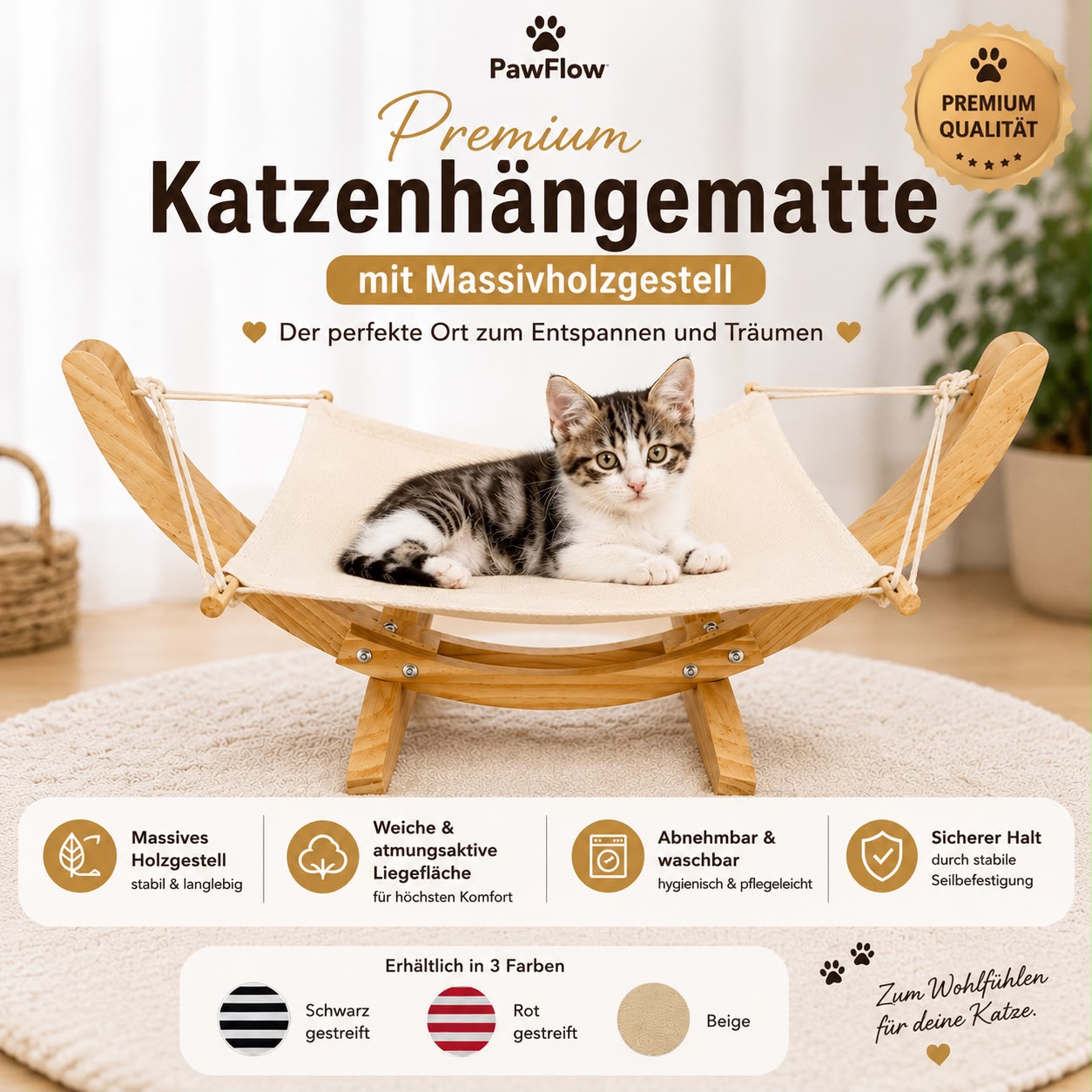 PawFlow Premium Katzenhängematte mit Massivholzgestell