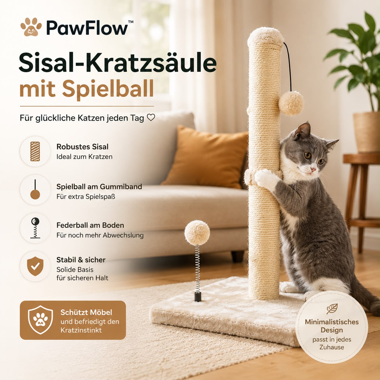 PawFlow Sisal-Kratzsäule mit Spielball für Katzen