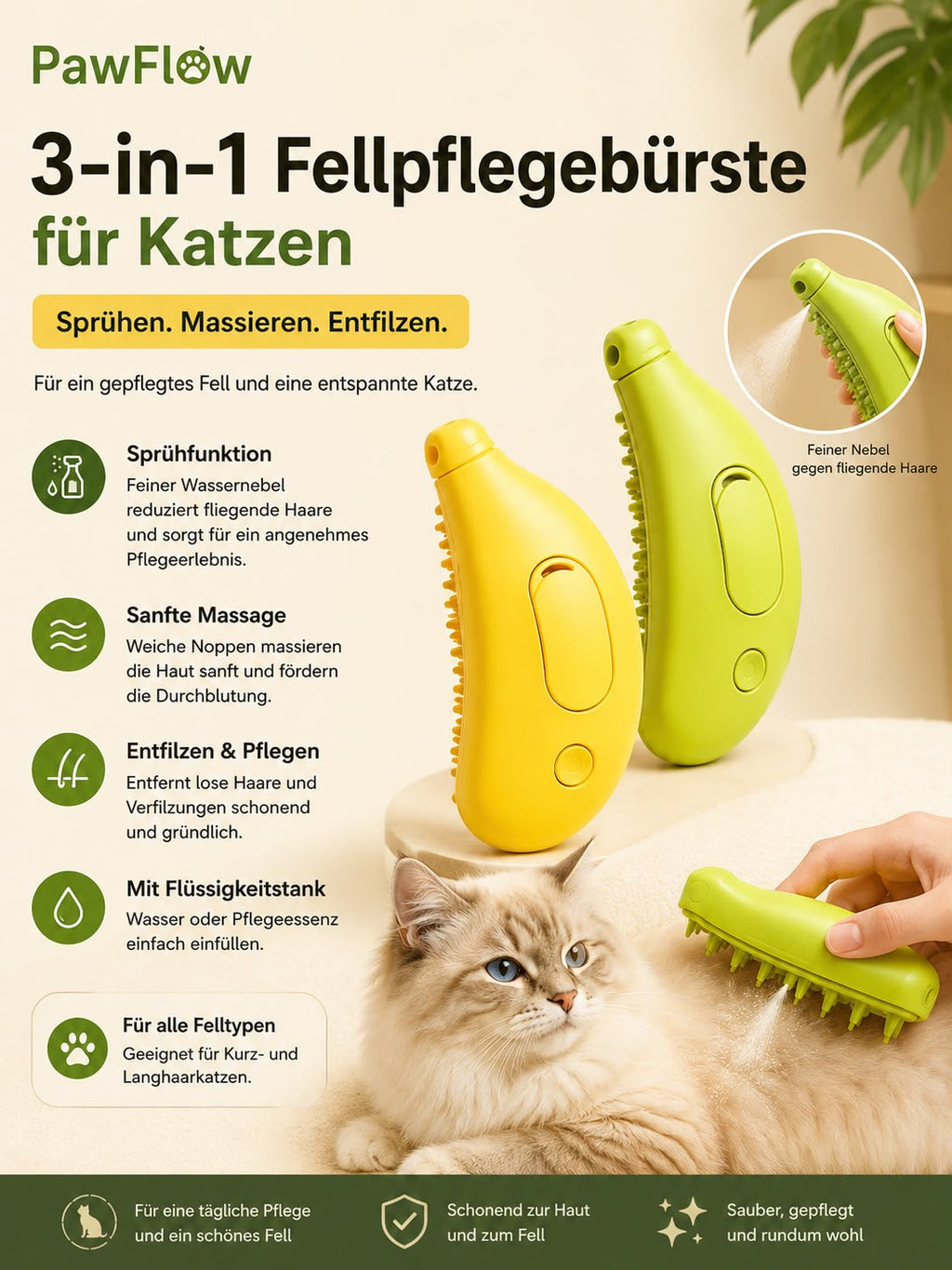 PawFlow 3-in-1 Fellpflegebürste für Katzen – Sprühen, Massieren & Entfilzen