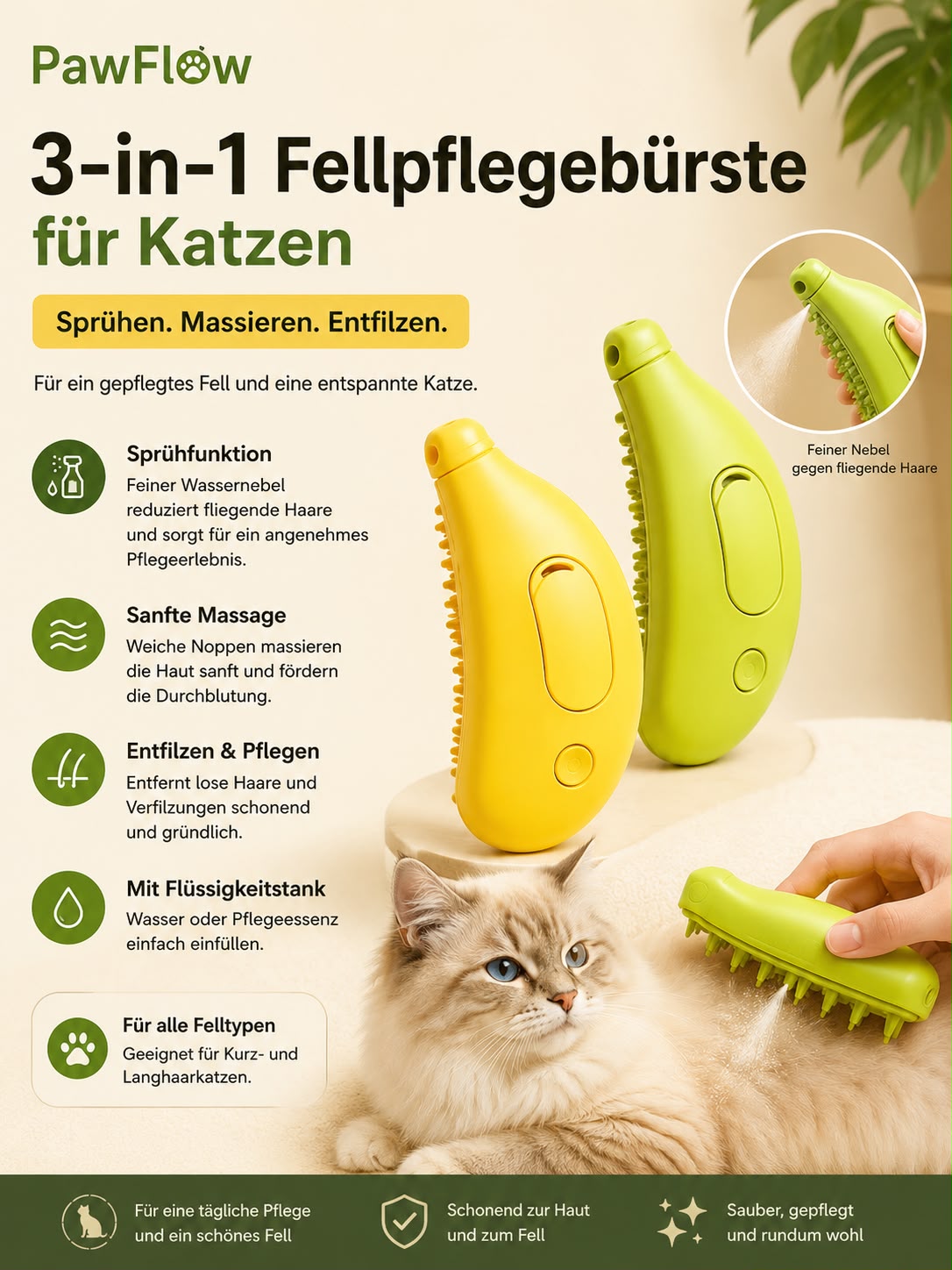 PawFlow 3-in-1 Fellpflegebürste für Katzen – Sprühen, Massieren & Entfilzen