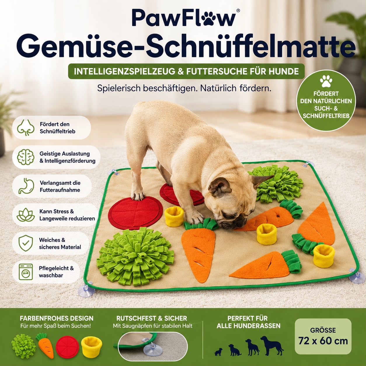 PawFlow Gemüse-Schnüffelmatte für Hunde – Intelligenzspielzeug & Futtersuche