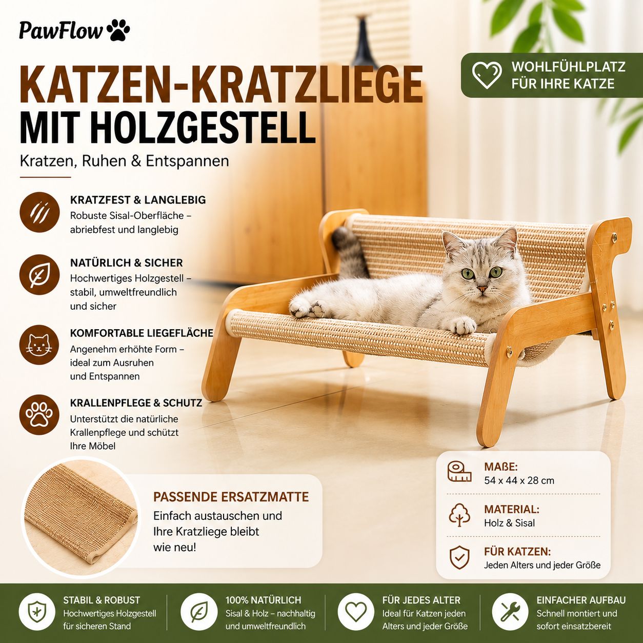 PawFlow Katzen-Kratzliege mit Holzgestell – Kratzen, Ruhen & Entspannen