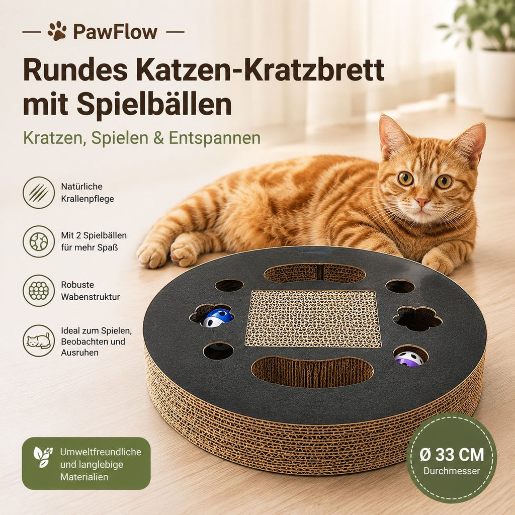 PawFlow Rundes Katzen-Kratzbrett mit Spielbällen – Kratzen, Spielen & Entspannen