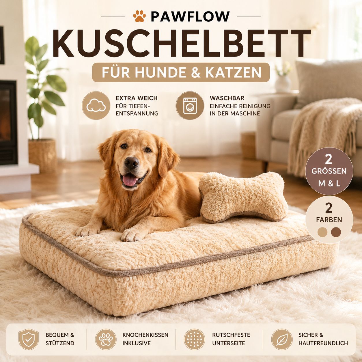 PawFlow Kuschelbett für Hunde & Katzen aus Plüsch mit Knochenkissen – Waschbar & besonders weich