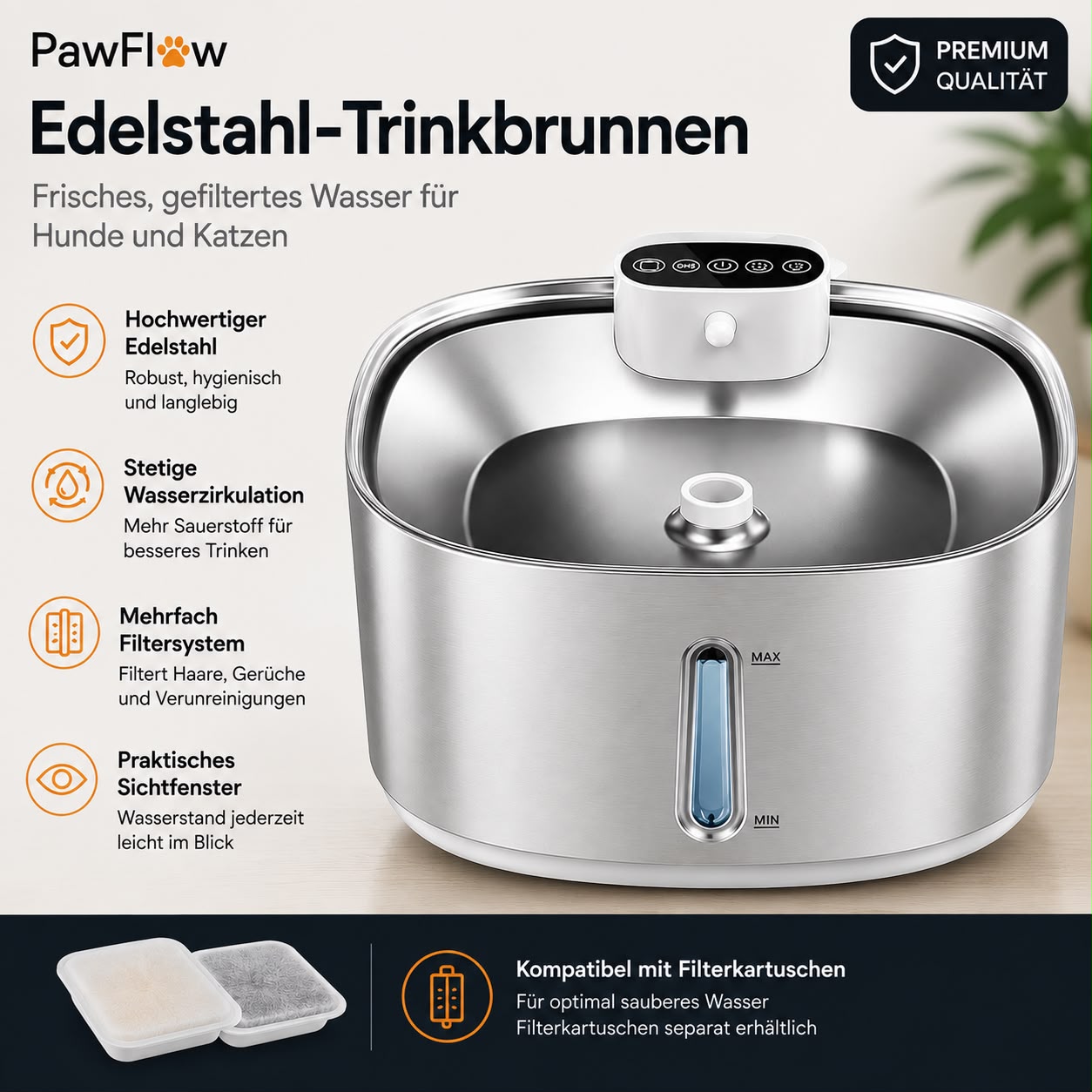 PawFlow Edelstahl-Trinkbrunnen