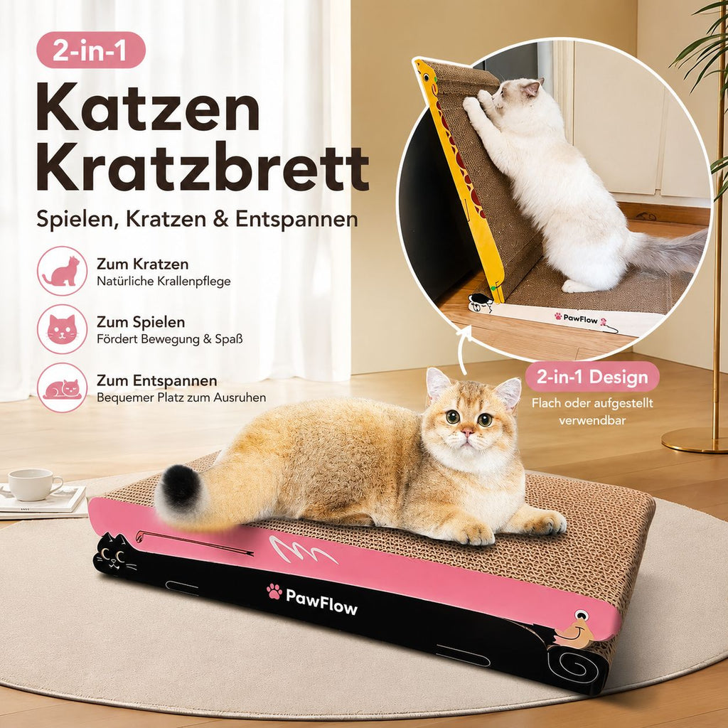PawFlow Katzen-Kratzliege 2-in-1 aus Wellkarton – Kratzen, Spielen & Entspannen