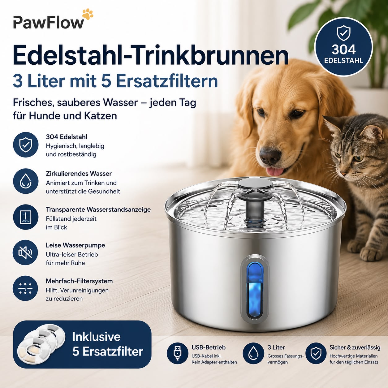 PawFlow Edelstahl-Trinkbrunnen 3 L mit 5 Ersatzfiltern
