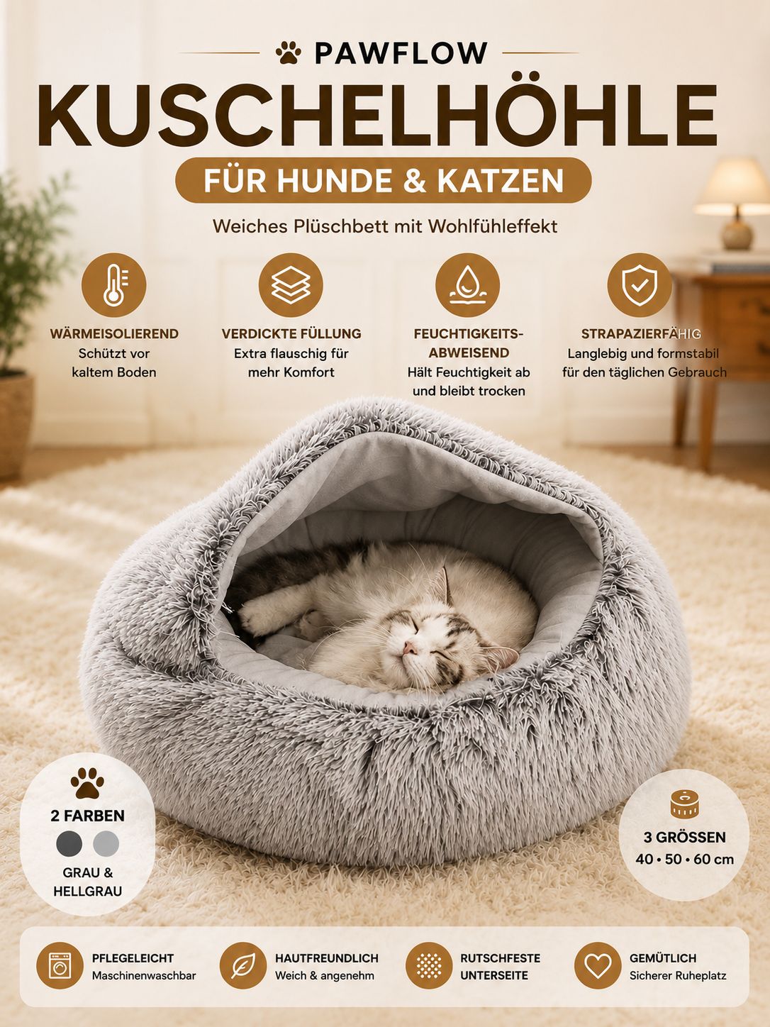 PawFlow Kuschelhöhle für Hunde & Katzen – Weiches Plüschbett mit Wohlfühleffekt