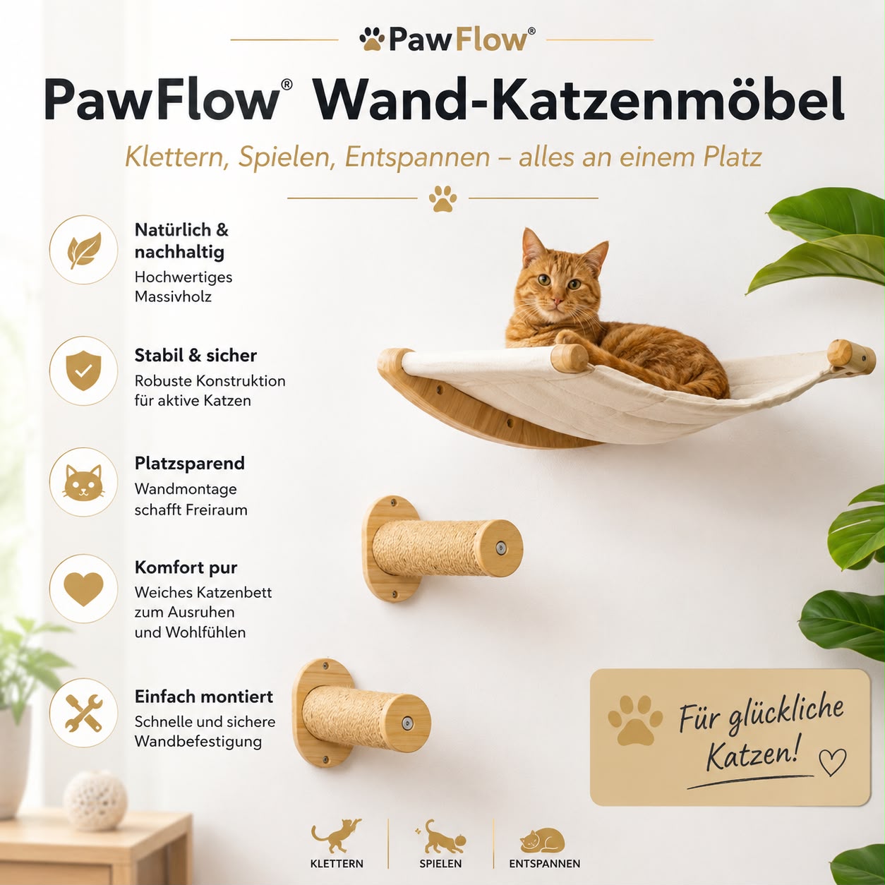 PawFlow Wandmontiertes Katzennest aus Holz