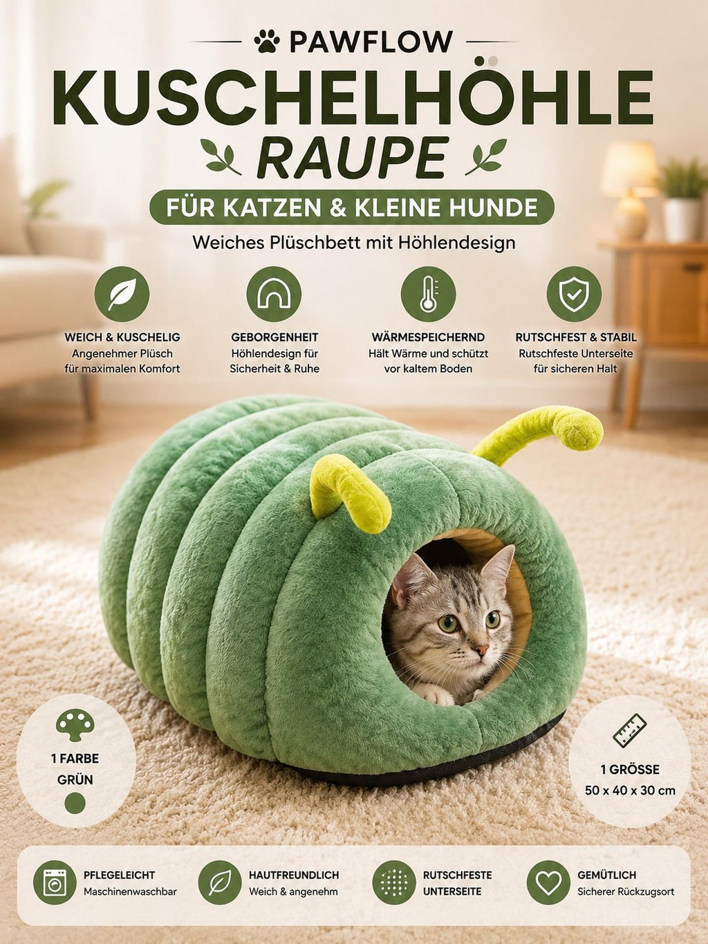 PawFlow Raupen-Kuschelhöhle für Katzen & kleine Hunde – Weiches Plüschbett mit Höhlendesign