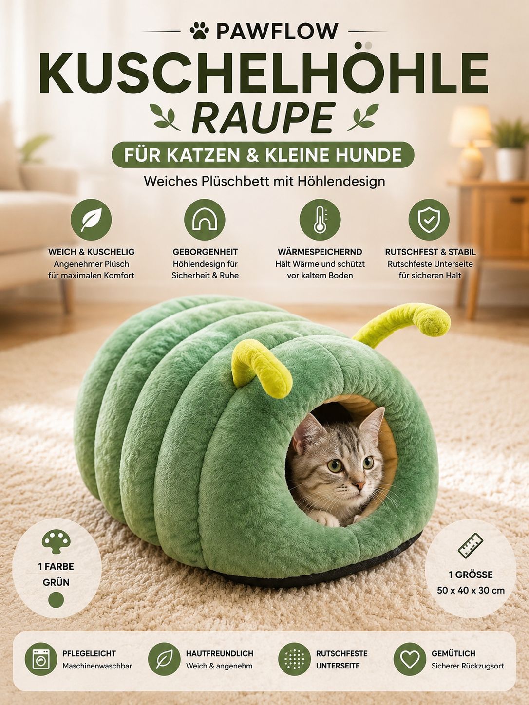PawFlow Raupen-Kuschelhöhle für Katzen & kleine Hunde – Weiches Plüschbett mit Höhlendesign
