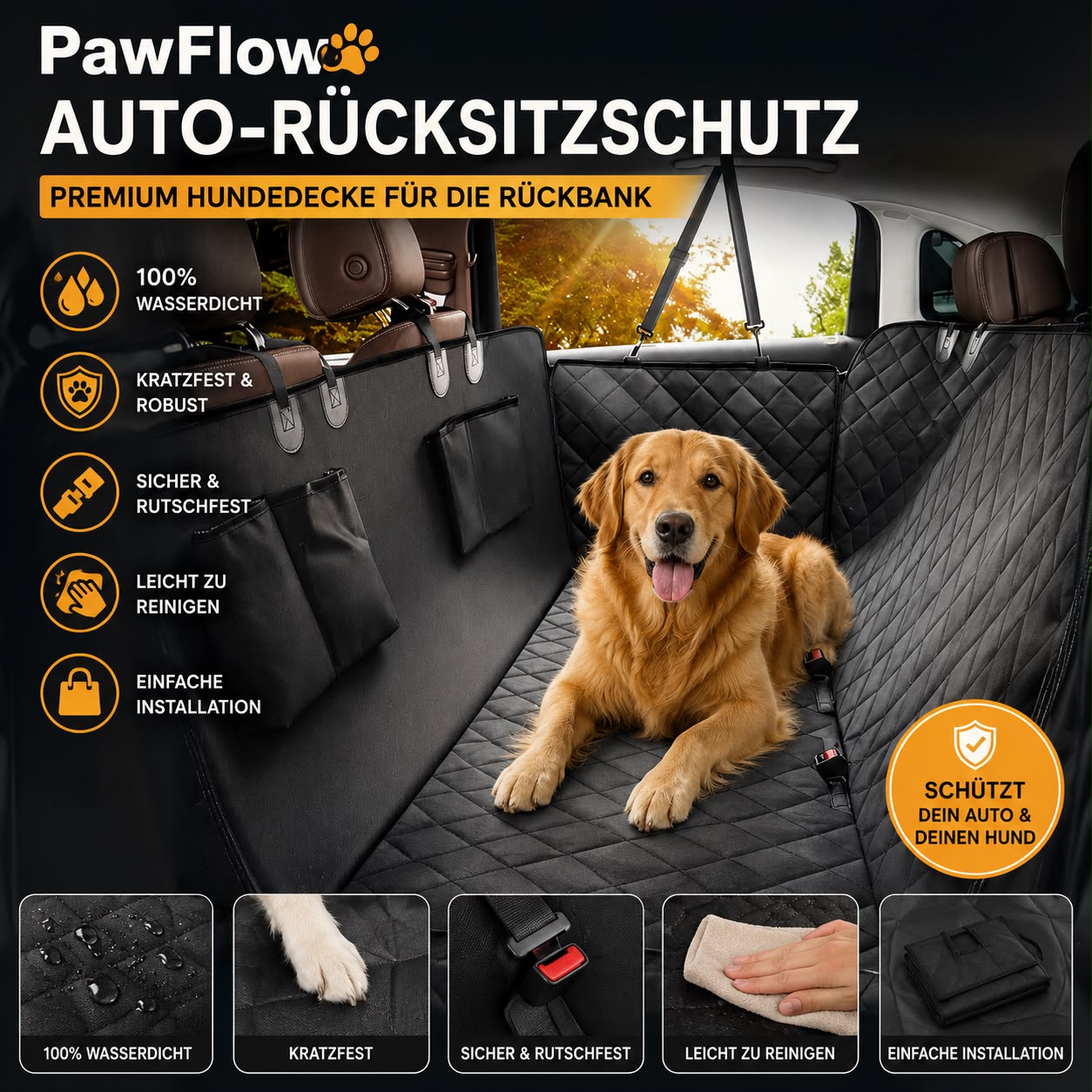 PawFlow Auto-Rücksitzschutz Premium – Wasserdichte Hundedecke für die Rückbank