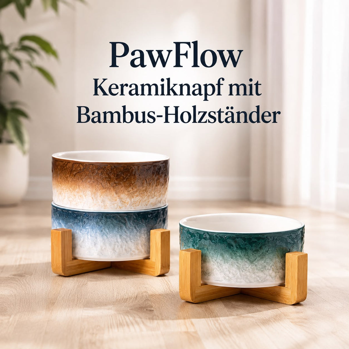 PawFlow Keramiknapf mit Bambus-Holzständer