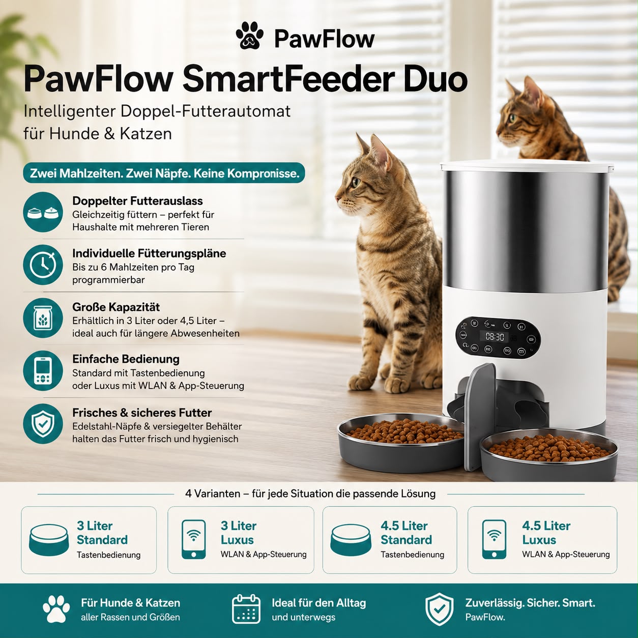 PawFlow SmartFeeder Duo – Automatischer Doppel-Futterautomat für Hunde & Katzen