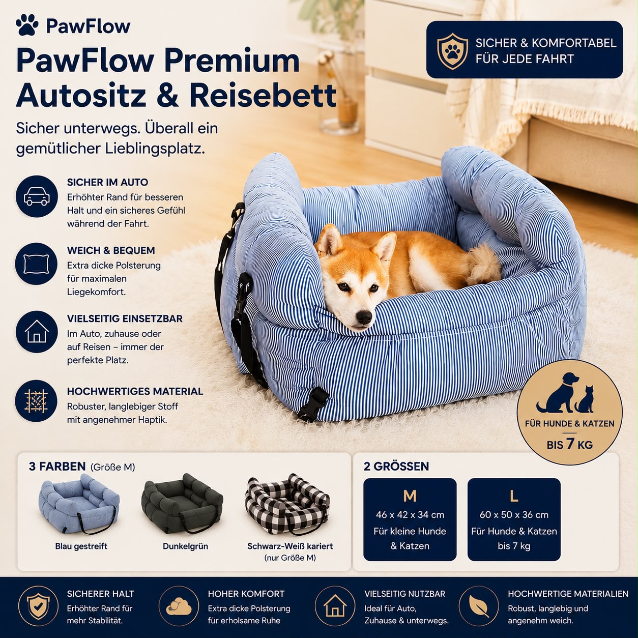 PawFlow Premium Reisebett & Autositz für Hunde