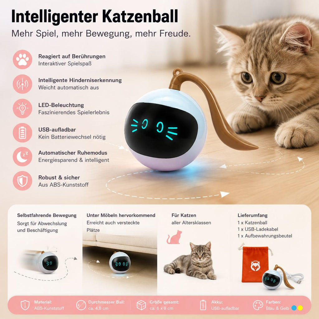PawFlow Intelligenter LED-Katzenball – USB-aufladbar & Selbstfahrend