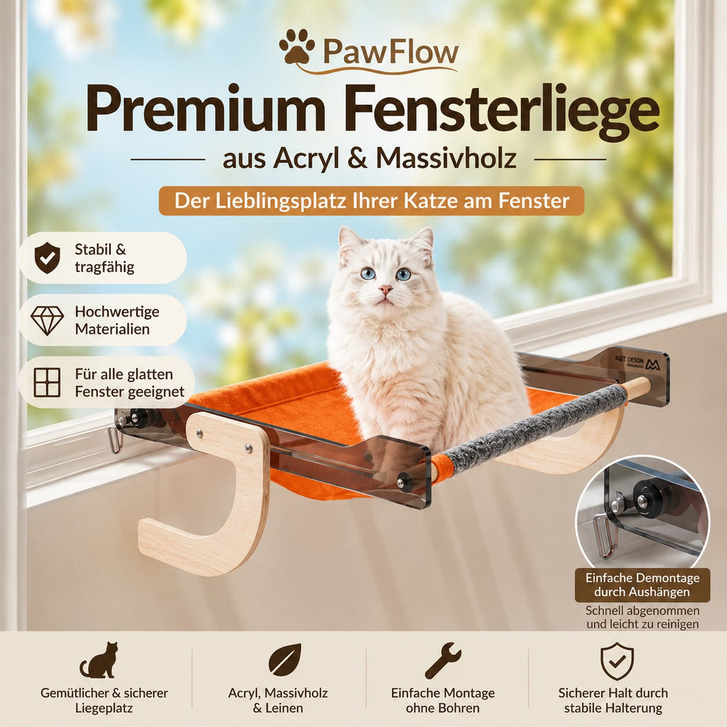 PawFlow Premium Fensterliege aus Acryl & Massivholz
