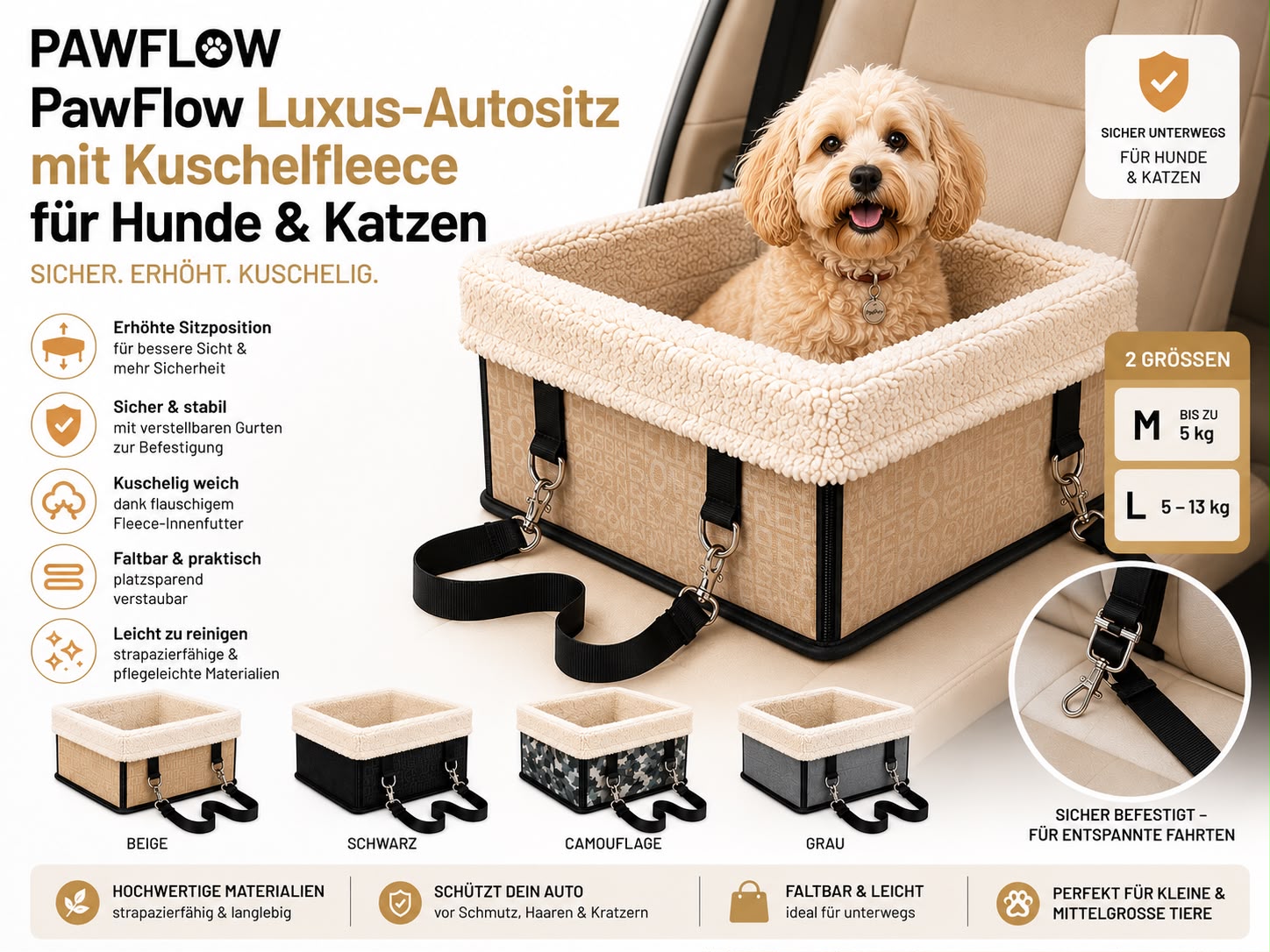 PawFlow Luxus-Autositz mit Kuschelfleece für Hunde & Katzen