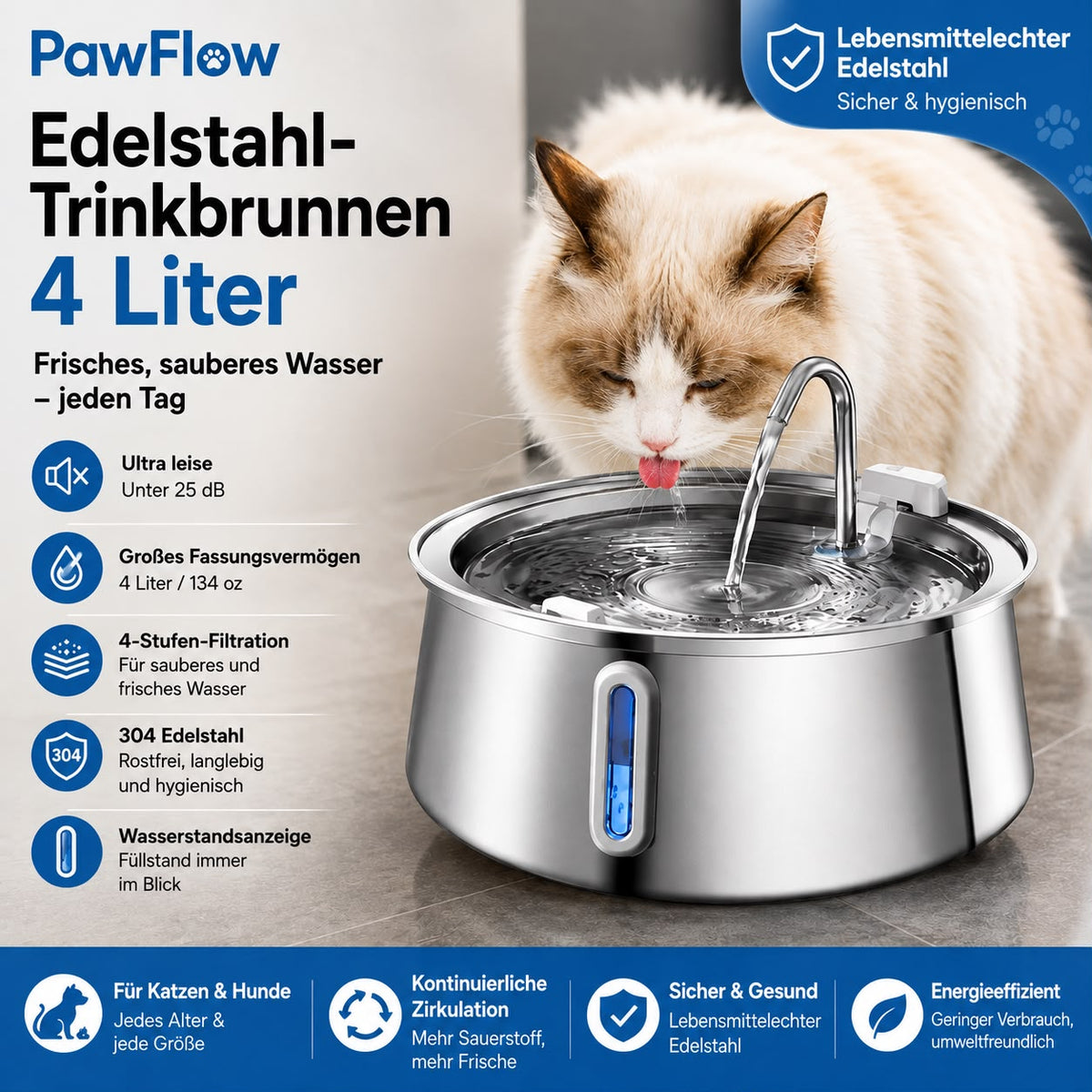 PawFlow Edelstahl-Trinkbrunnen 4 L