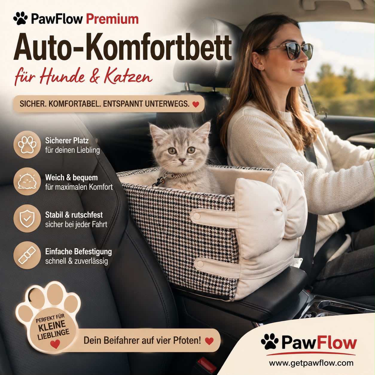 PawFlow Premium Autositz für Hunde & Katzen – Komfortbett für die Mittelkonsole