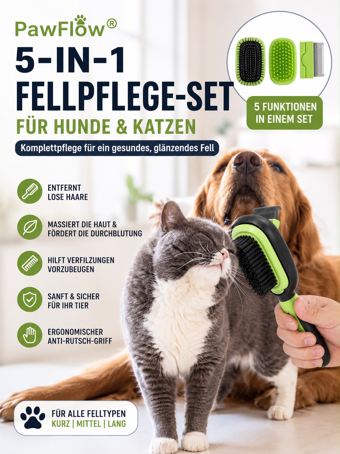 PawFlow 5-in-1 Fellpflege-Set für Hunde & Katzen