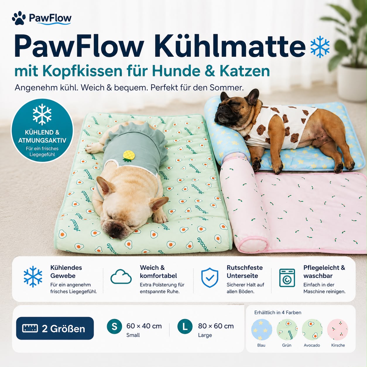 PawFlow Premium Kühlmatte mit Kopfkissen für Hunde & Katzen – Atmungsaktiv & rutschfest