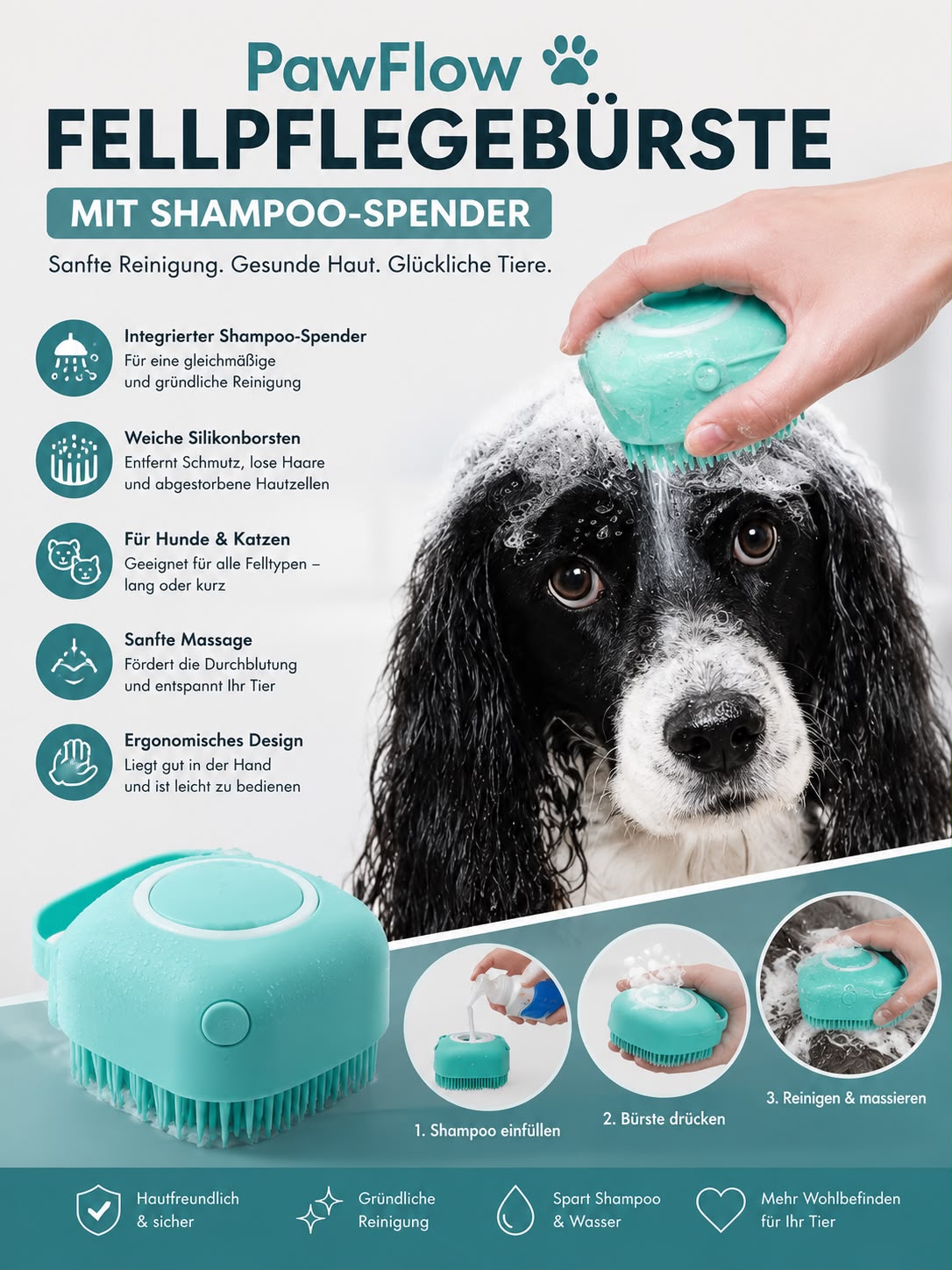 PawFlow Silikon-Fellpflegebürste mit Shampoo-Spender für Hunde & Katzen