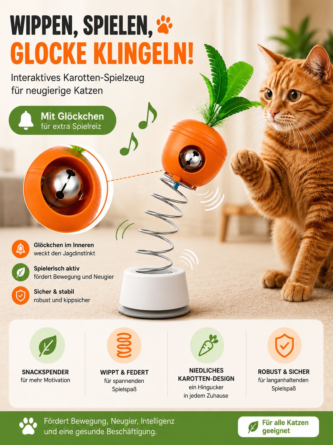 PawFlow Interaktives Karotten-Katzenspielzeug mit Snackspender – Spielen, Wippen & Belohnen