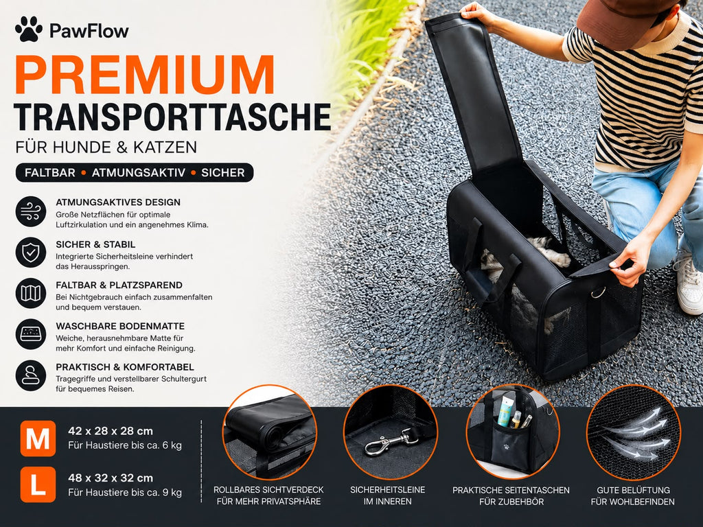 PawFlow Premium Transporttasche für Hunde & Katzen – faltbar & atmungsaktiv