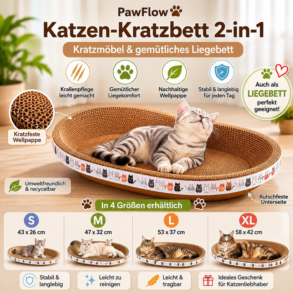 PawFlow Premium Katzen-Kratzbett 2-in-1 – Kratzliege aus Wellpappe