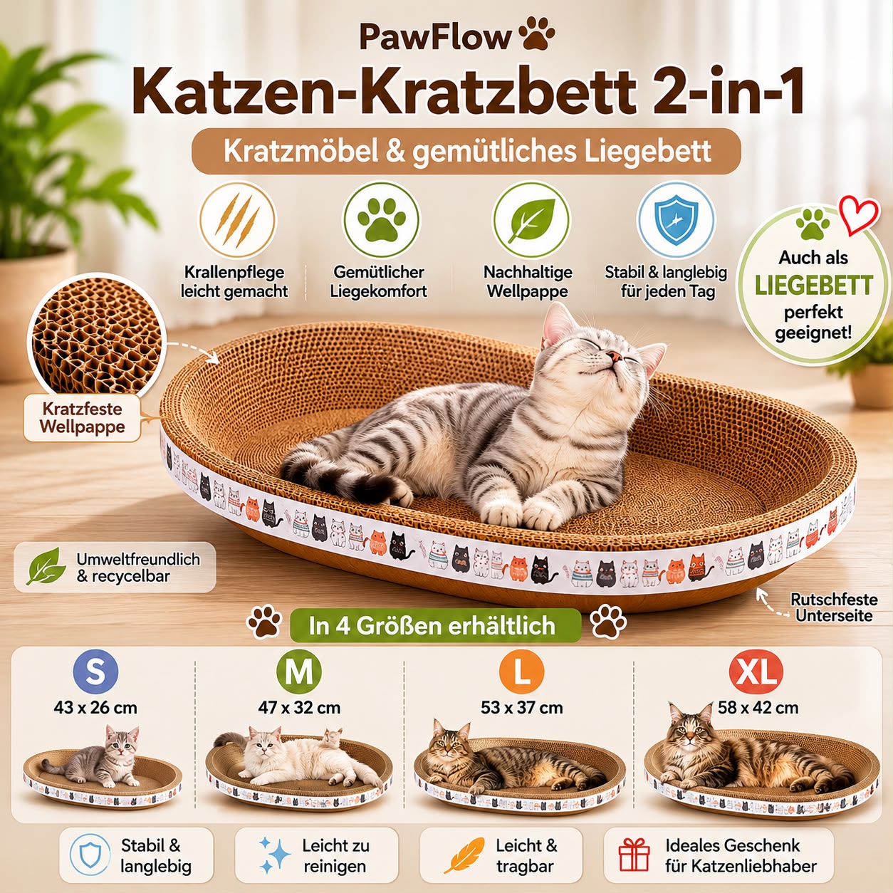 PawFlow Premium Katzen-Kratzbett 2-in-1 – Kratzliege aus Wellpappe