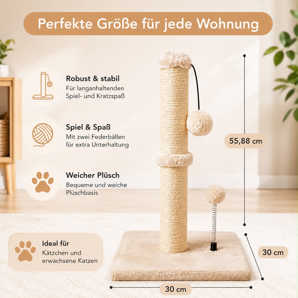 PawFlow Sisal-Kratzsäule mit Spielball für Katzen